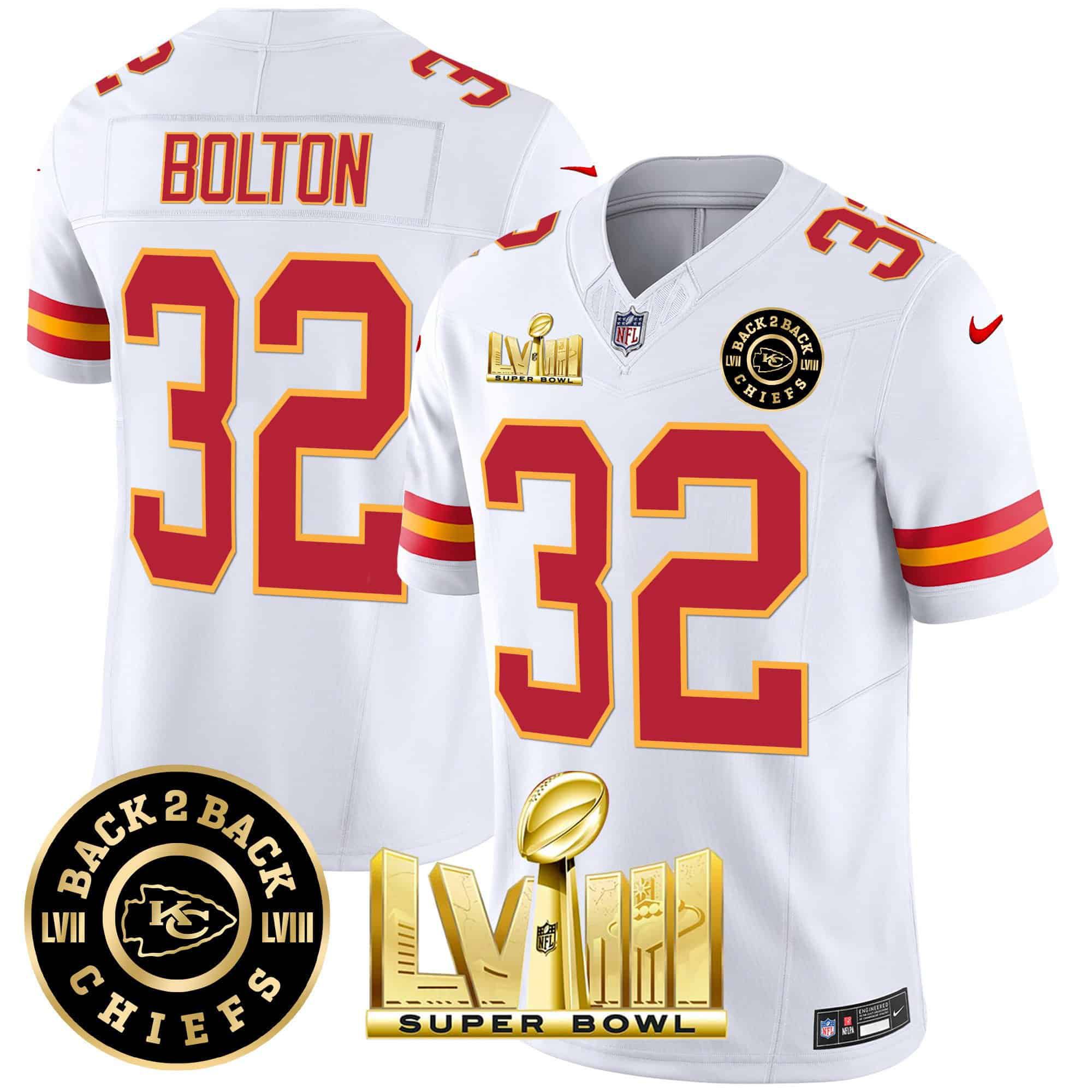 Men Kansas City Chiefs #32 Bolton White 2024 Nike Super Bowl LVIII & Back-2-Back Patch Vapor NFL Jersey